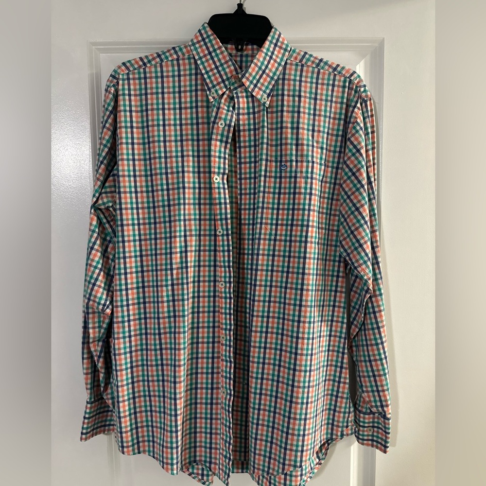 Southern Tide Red and Green Casual Button Down Shirt